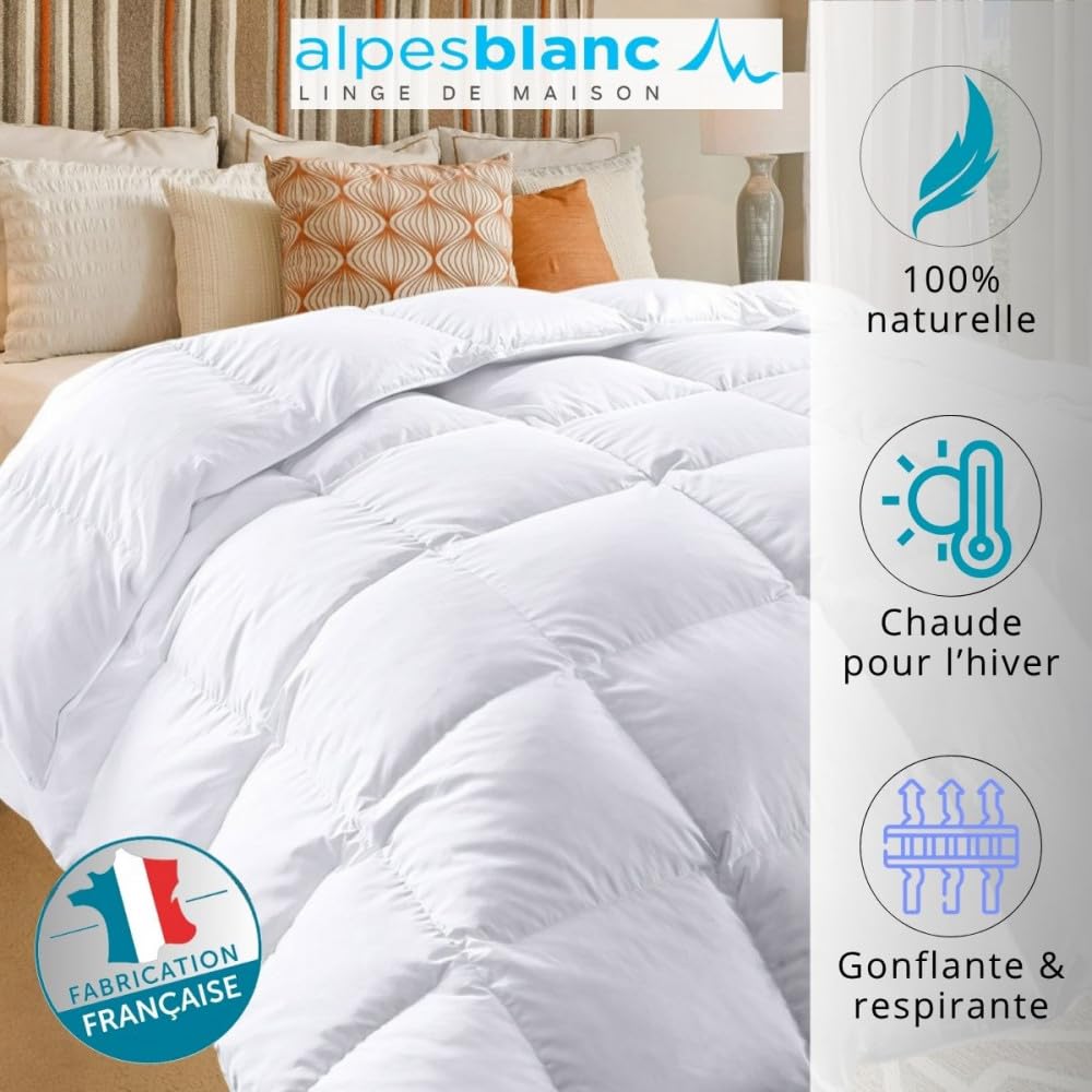 Alpes Blanc - Premium luxe winterdekbed 240 x 260 cm – gemaakt in Frankrijk – vulling 100% veren en eendons 360 g/m² – envelop 100% katoen