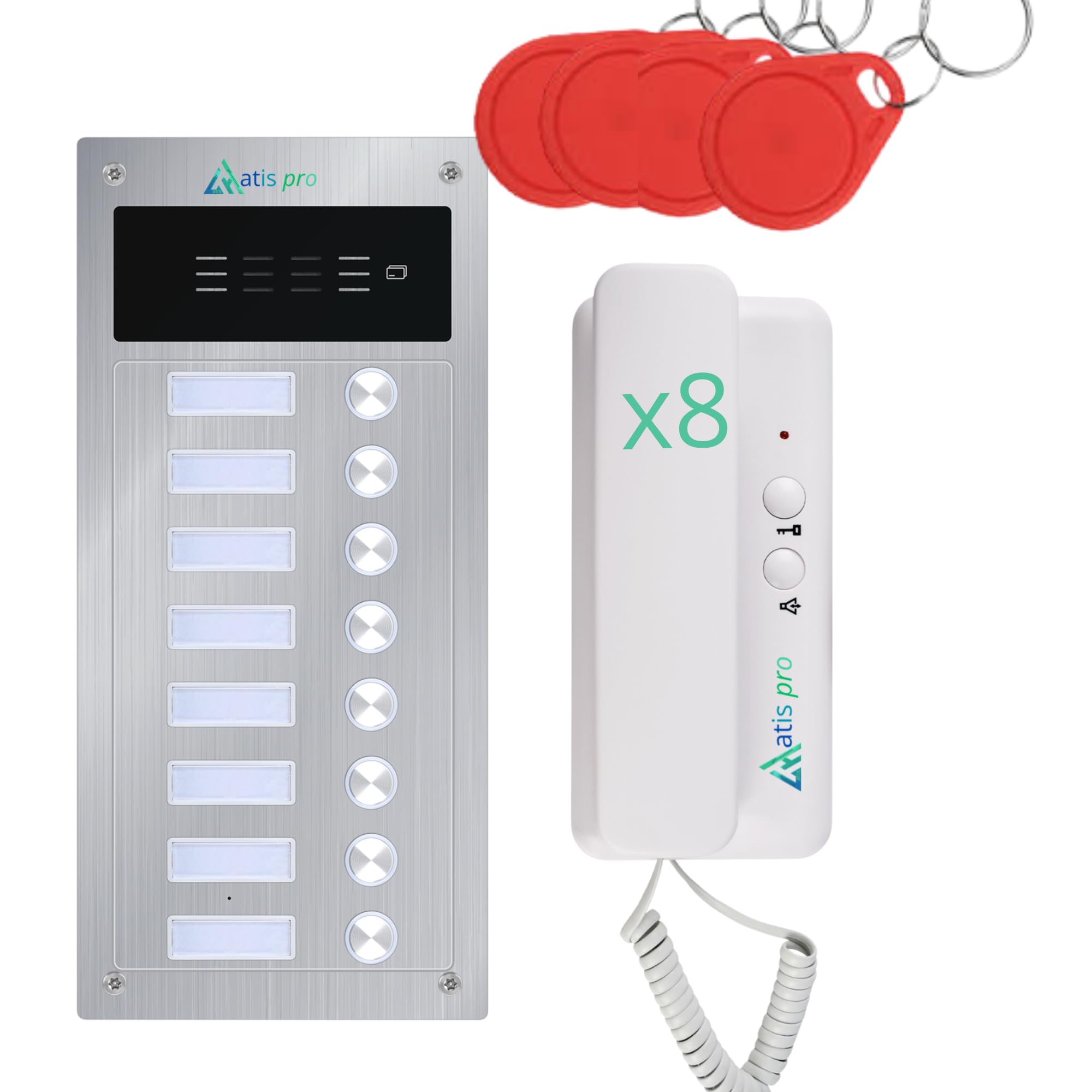 Kit d'interphone automatique 2 fils anti-vandalisme avec lecteur RFID | Complet avec téléphones, bloc d'alimentation | Très facile à installer. Installation pour encastrer et en surface