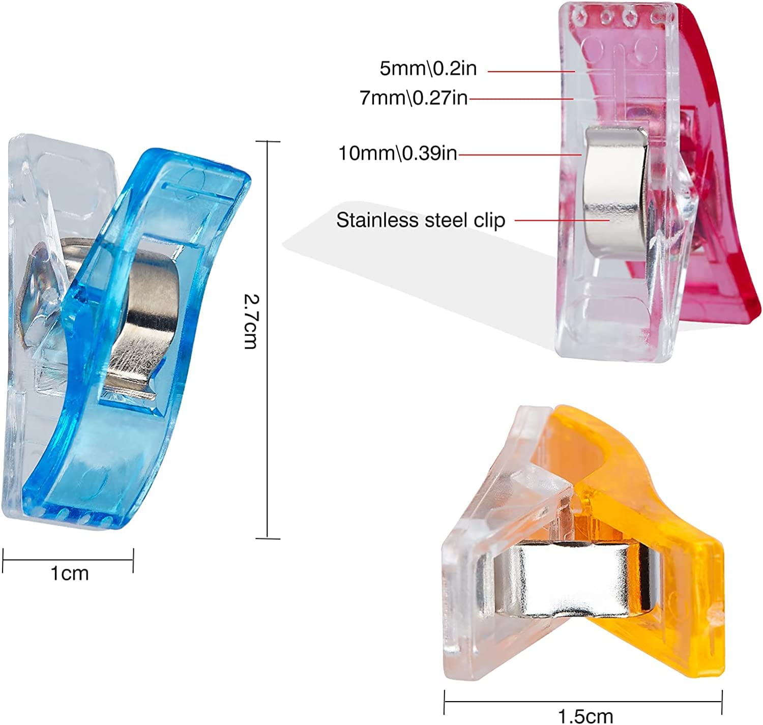 QMay Sewing Clips, 100 Pcs Premium Quilting Clips, Versatile Craft Clips for Quilting, Fabric, Binding, Crocheting, Kniting etc. Color: Random, Size: 27x15x10 mm - 3