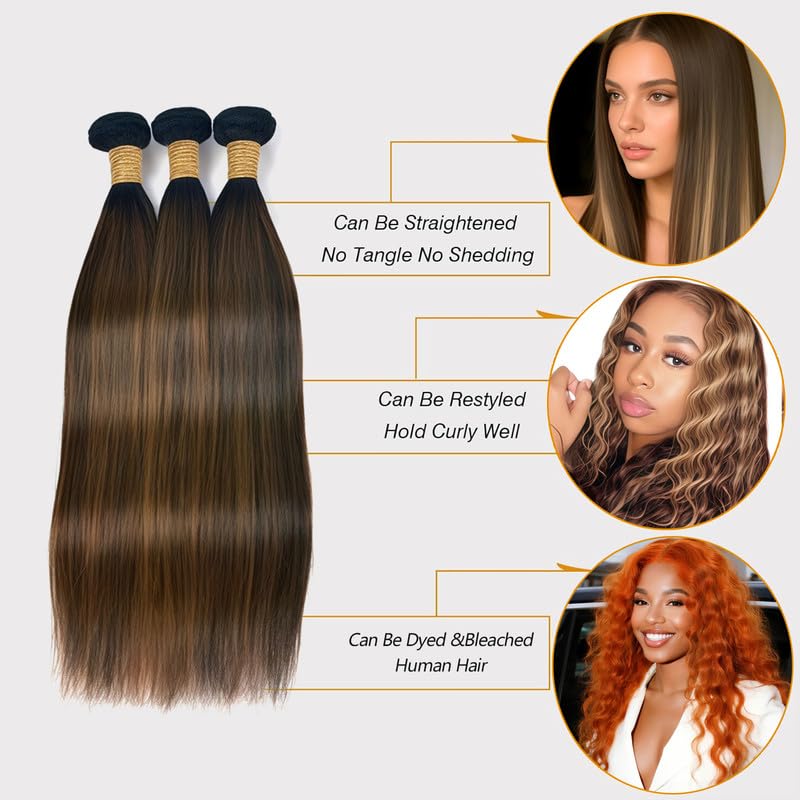 P4/30 Highlight Brown Human Hair Bundles 14 16 18 Inch Straight Bundles Human Hair 3 Bundles Brazilian Virgin Human Hair Extensions Double Weft Bundle Piano Color