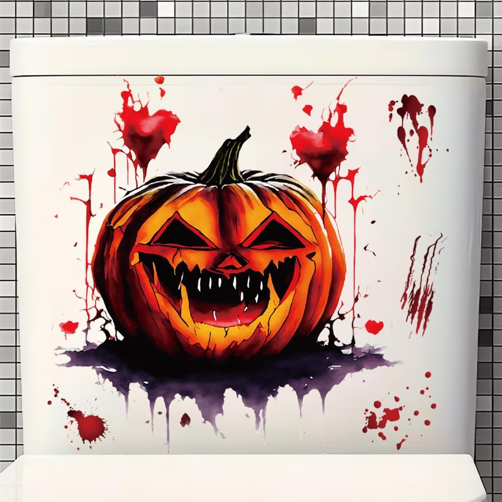 Halloween Toilet Seat Sticker 3D Pumpkin Pattern Toilet Lid Sticker Waterproof Toilet Lid Decals Halloween Bathroom Decor Horror Sticker for Halloween Party Decoration DIY Party Supplies