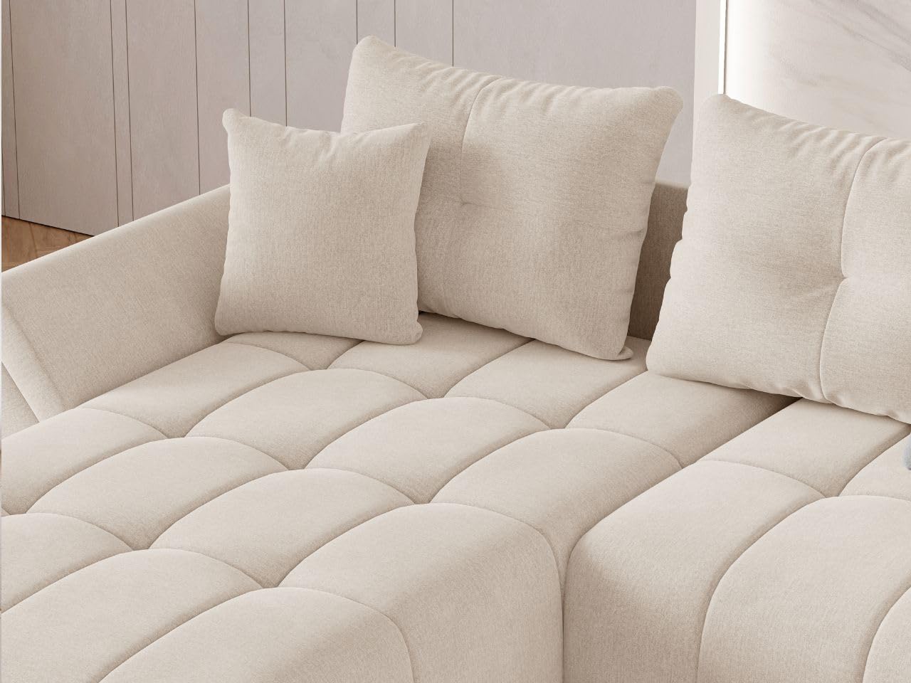 GRAINGOLD Decor L Ecksofa modern mit Bettfunktion, 263x190 cm, L-Form Sofa, Schlafcouch für Wohnzimmer, Veloursstoff, 3-Sitzer Eckcouch, Ecksofa mit Bettkasten (Beige)