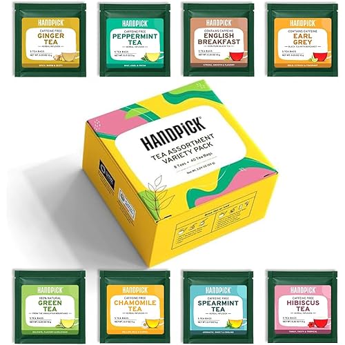 HANDPICK, Tea Bags Sampler Assortment Variety pack Gift Box 8 Flavors, 40 Tea Bags - Perfect Variety | English Breakfast, Green, Black, Herbal & More | Gifts for Him/Her