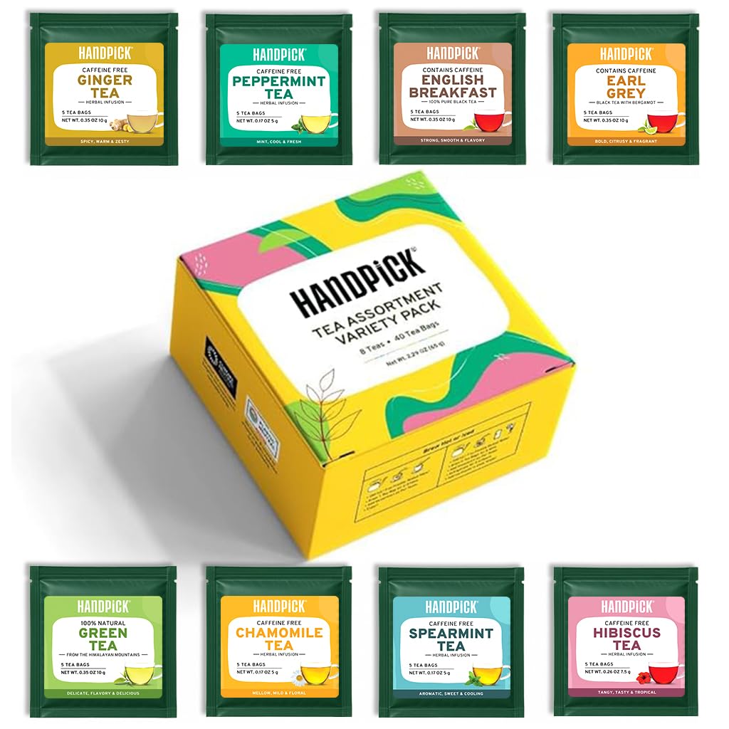 HANDPICK, Tea Bags Sampler Assortment Variety pack Gift Box 8 Flavors, 40 Tea Bags - Perfect Variety | English Breakfast, Green, Black, Herbal & More