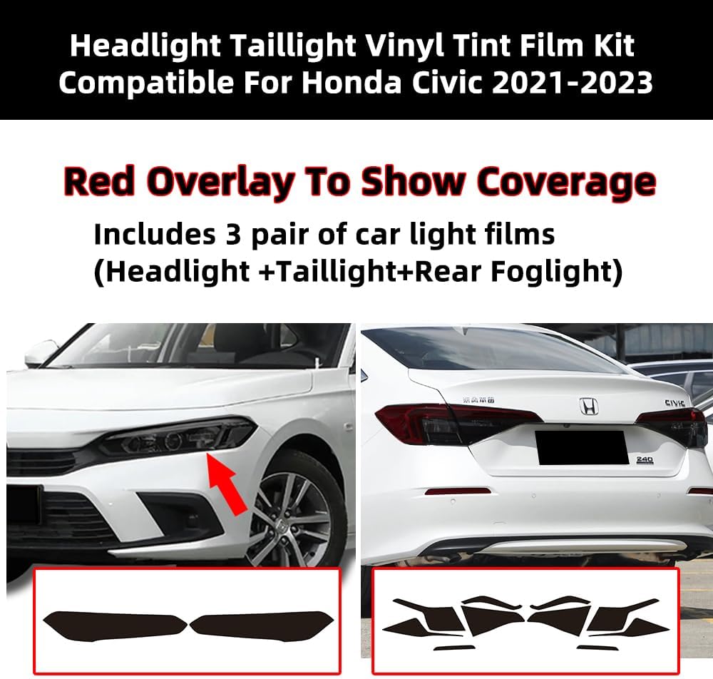 PreCut Vinyl Smoke Tint for 2021-2023 11th Gen Honda Civic Headlight &Taillight (Headlight,Taillight &Rear Foglight Films), dewo3193