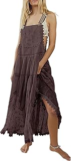 Women's Laced Embroidered Tulle Bib Dress Casual Loose Adjustable Straps Maxi Dress