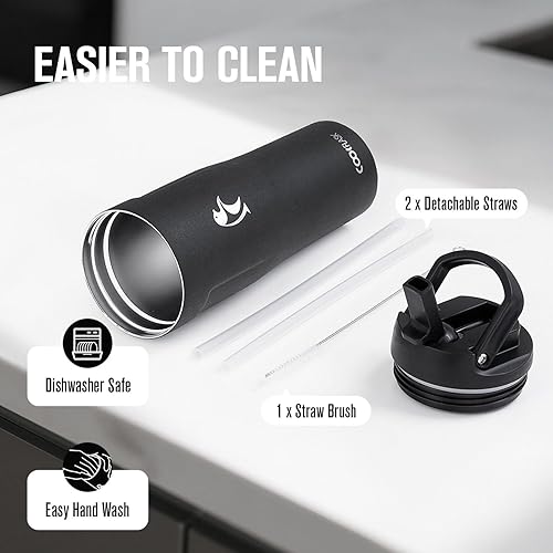 Miniatura 6 de Coolflask Botella de agua de 32 onzas se ajusta al portavasos de automóvil, vaso delgado de acero inoxidable con popote y asa, botella de vacío a