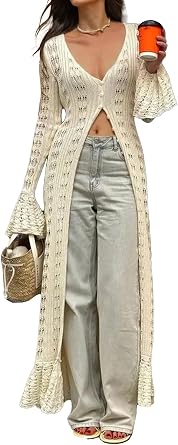NRTHYE Women Long Crochet Cardigans Knit Long Duster Sweaters | Flowy Maxi Crochet Knit Duster,Chic Hollow Out Lace Button Up Long Cover Up Dress,Lightweight Soft Knitwear For Beach