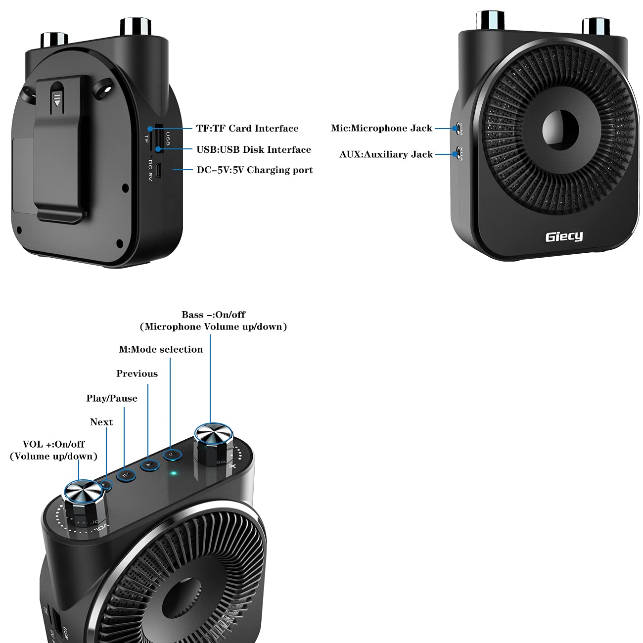Amplificateur de Voix Portable avec Microphone, Batterie Rechargeable 2800mAh,système de sonorisation pour Enseignants, Guides touristiques, entraîneurs, instructeurs de Yoga