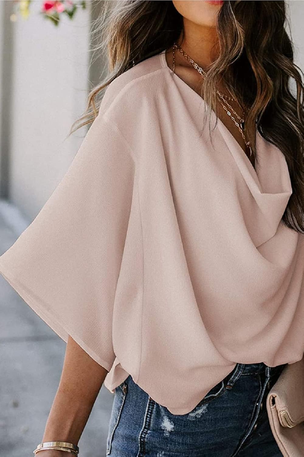 yoeasy Women's Loose Draped Cowl Neck Short Sleeve Chiffon Blouse Solid Casual Elegant Top - Image 3