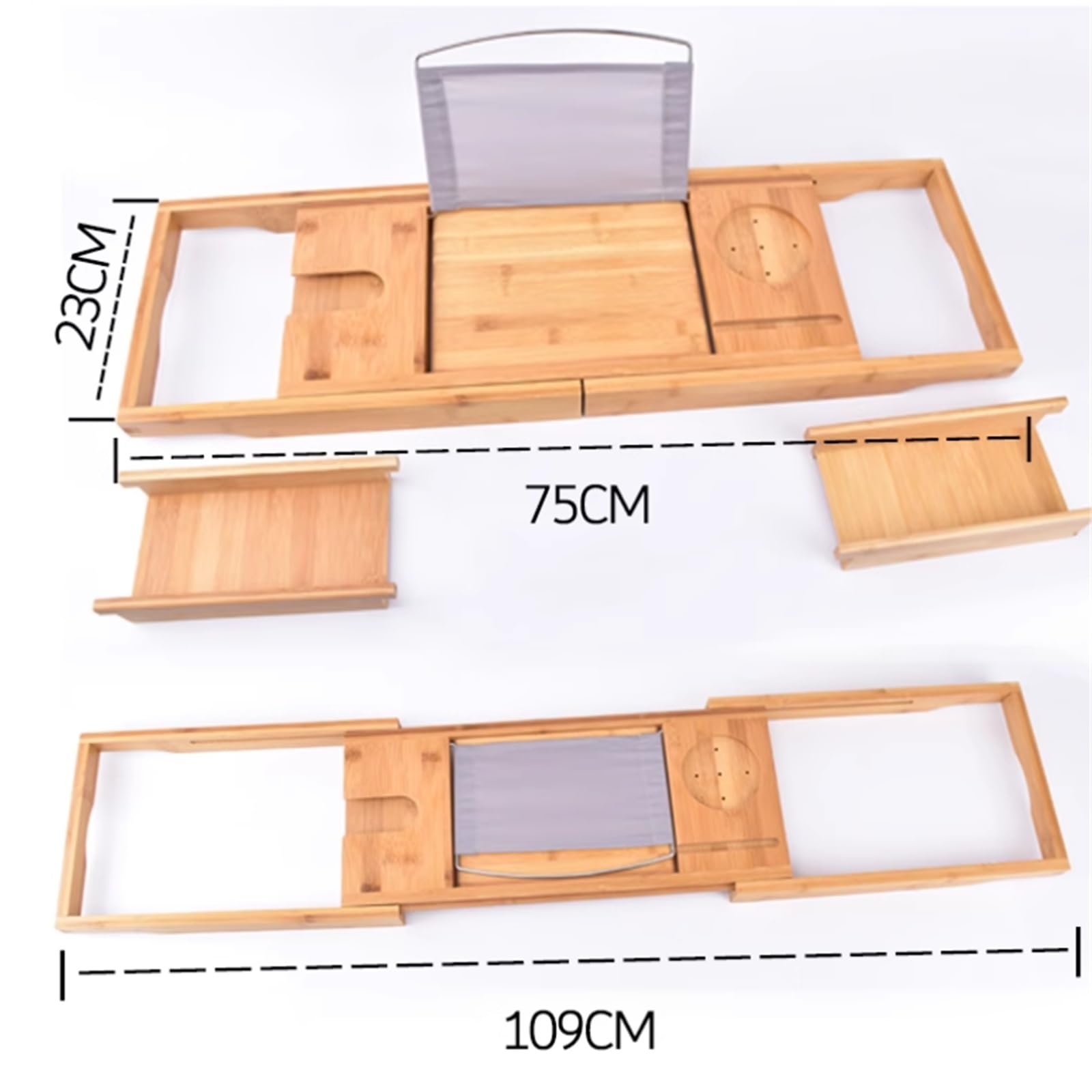 Bambusowa luksusowa taca do wanny Caddy regulowana antypoślizgowa taca na wannę do książek tabletów i kieliszków do wina pasuje do większości wanien 75 109 cm