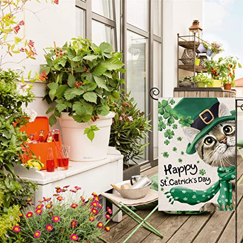 Happy St Patricks Day Garden Flag For Outdoor,Cat With Green Hat Scarf Shamrock Small Yard Flag,Spring Saint Patrick Decors For Outside Farmhouse Holiday 12X18 Double Sided #TOP3