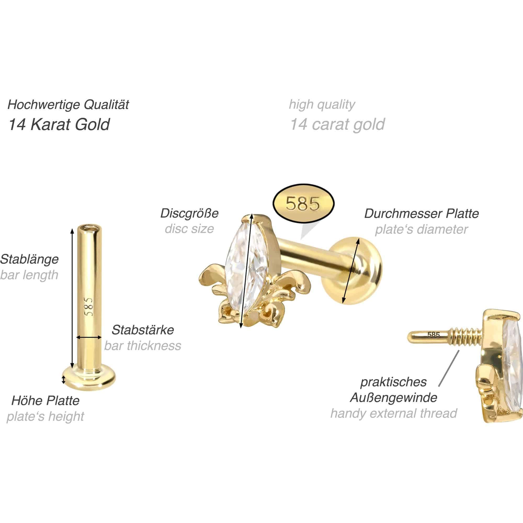 PIERCINGLINE Piercing Stecker 14 Gold Labret mit Innengewinde MOISSANIT-LOTUSBLÜTE 585er Gold - Roségoldfarben, Goldfarben, Silberfarben