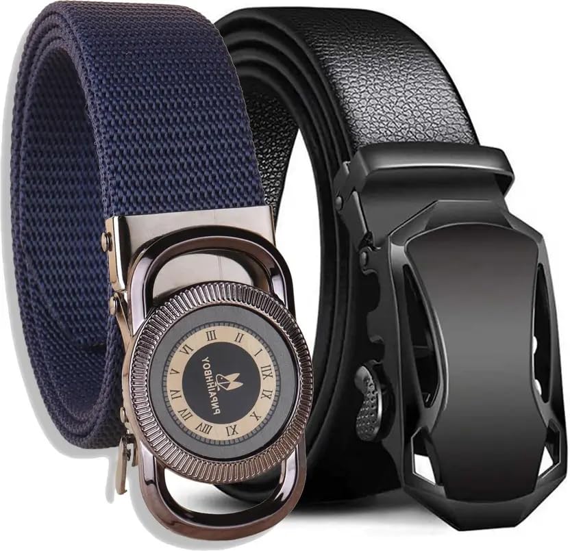 Image of TPM Men's Belt Set, 2-Pack Leather and Nylon Belts with Automatic Buckle, Black and Navy Blue, Roman Numeral Clock Design
