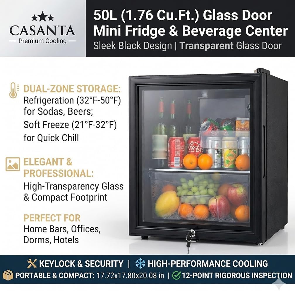 50L Beverage Refrigerator with Glass Door and Lock, Freestanding Mini Drink Cooler with Soft Freezer Compartment for Beer, Wine, Soda, Office, Bar & Dorm - Black