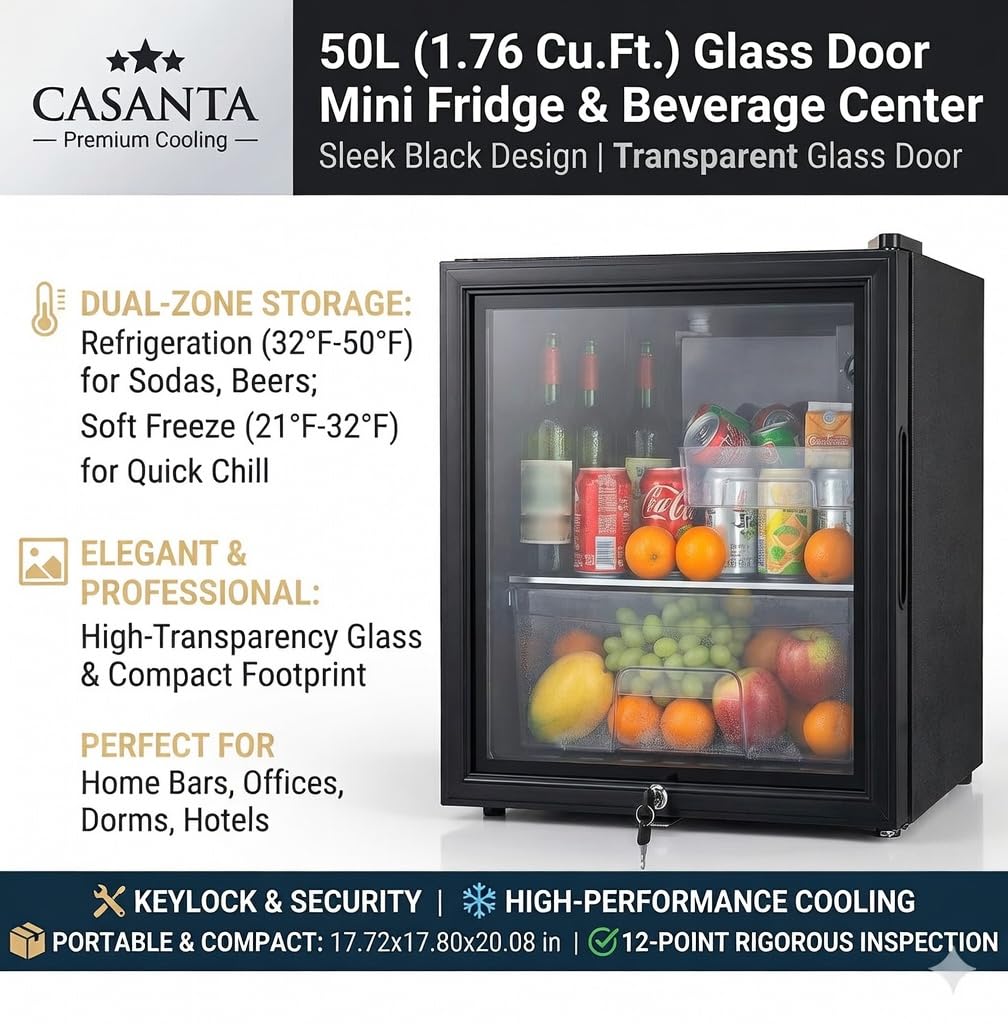 Casanta 50l Beverage Refrigerator With Glass Door And Lock, Freestanding Mini Drink Cooler With Soft Freezer Compartment For Beer, Wine, Soda, Office, Bar & Dorm - Black on Fridge.com - View 6
