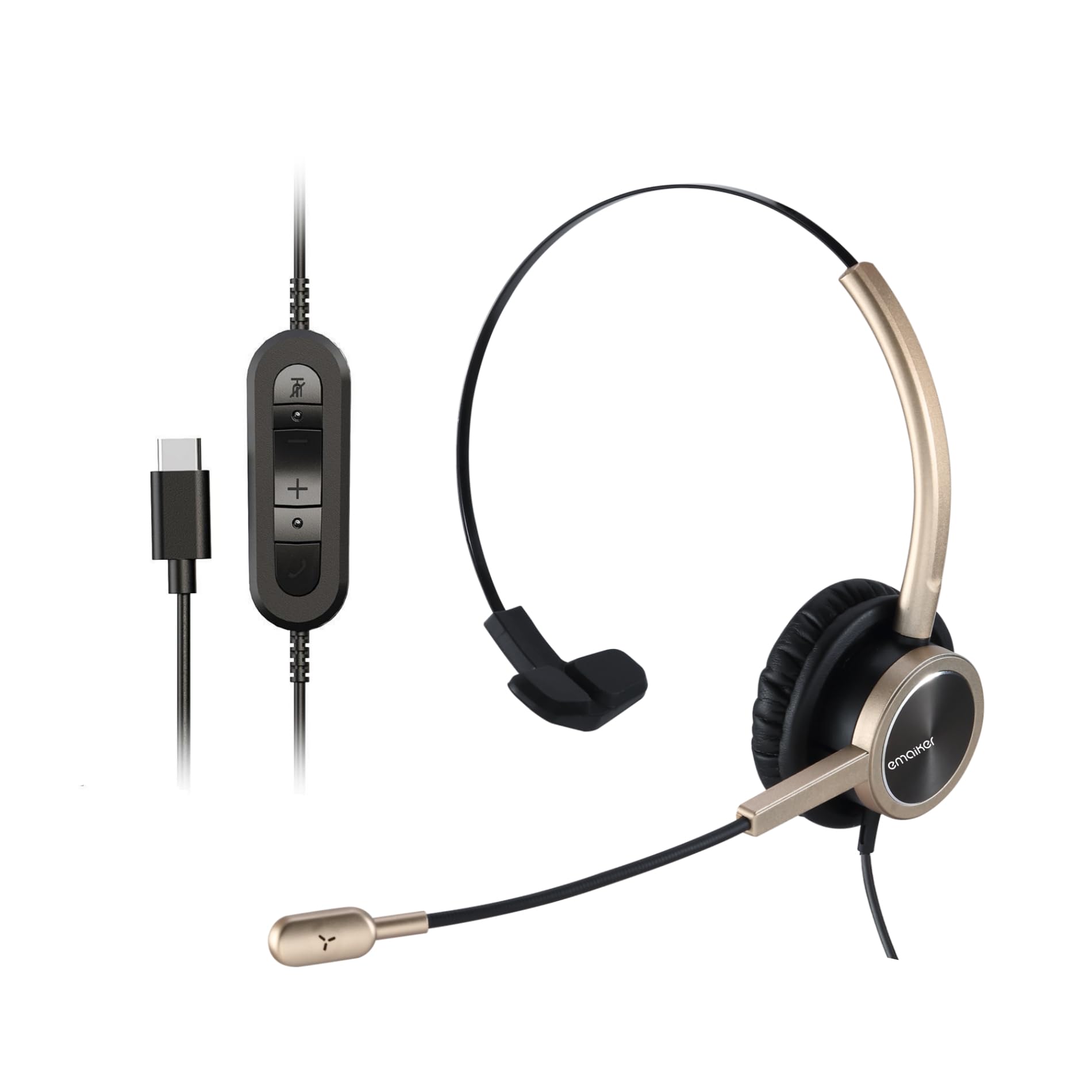 Golden USB Type C Headset with Noise-Canceling Microphone, Single Ear USB-C Work Headphone with Mic Mute, for Laptops, Mobiles, Perfect for Zoom Teams