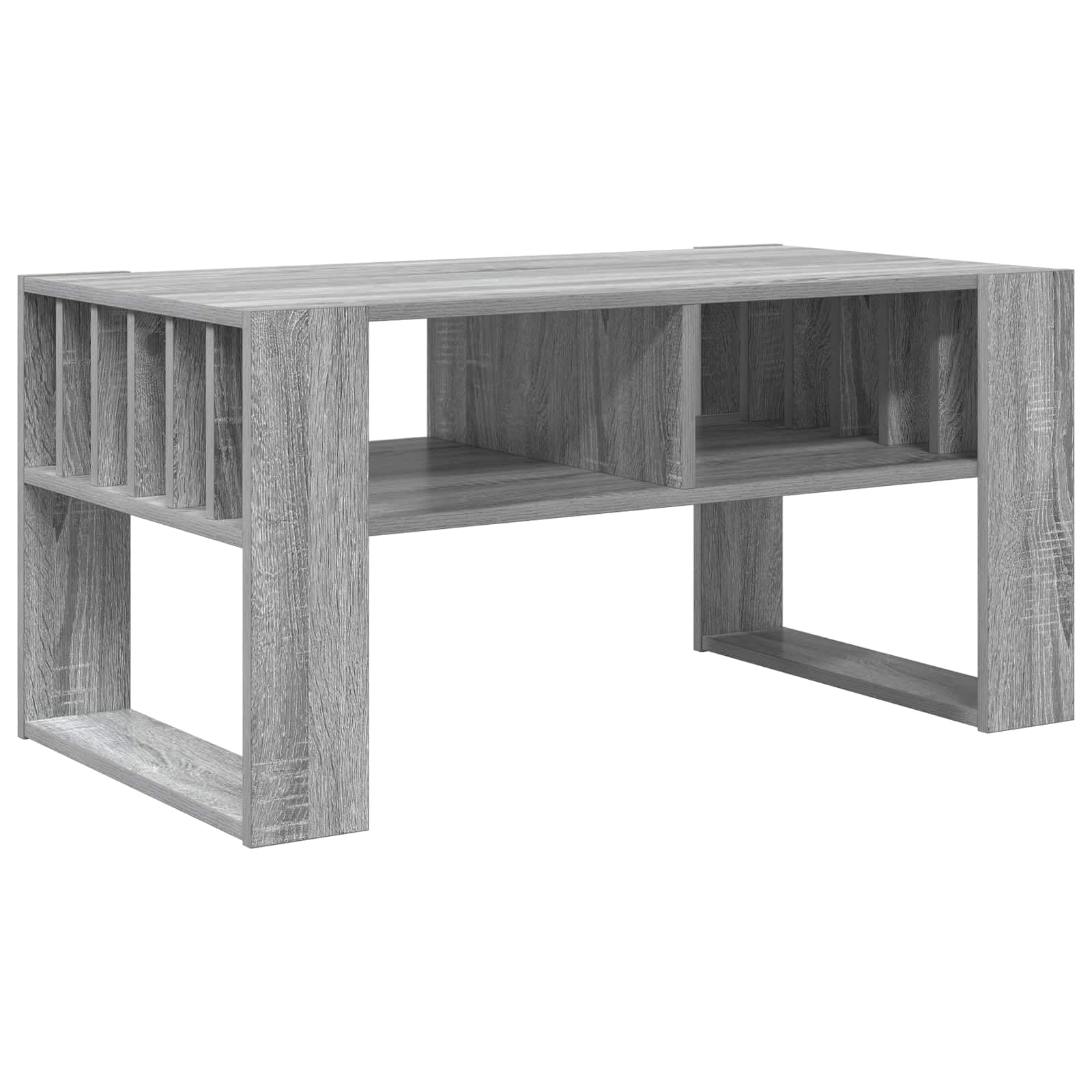 Couchtisch Graues Sonoma 92 x 49,5 x 45 cm Holzwerkstoff Moderner Wohnzimmertisch Rechteckig mit 2 Ablagen Stauraumregal Langlebig und pflegeleicht für kleine Räume