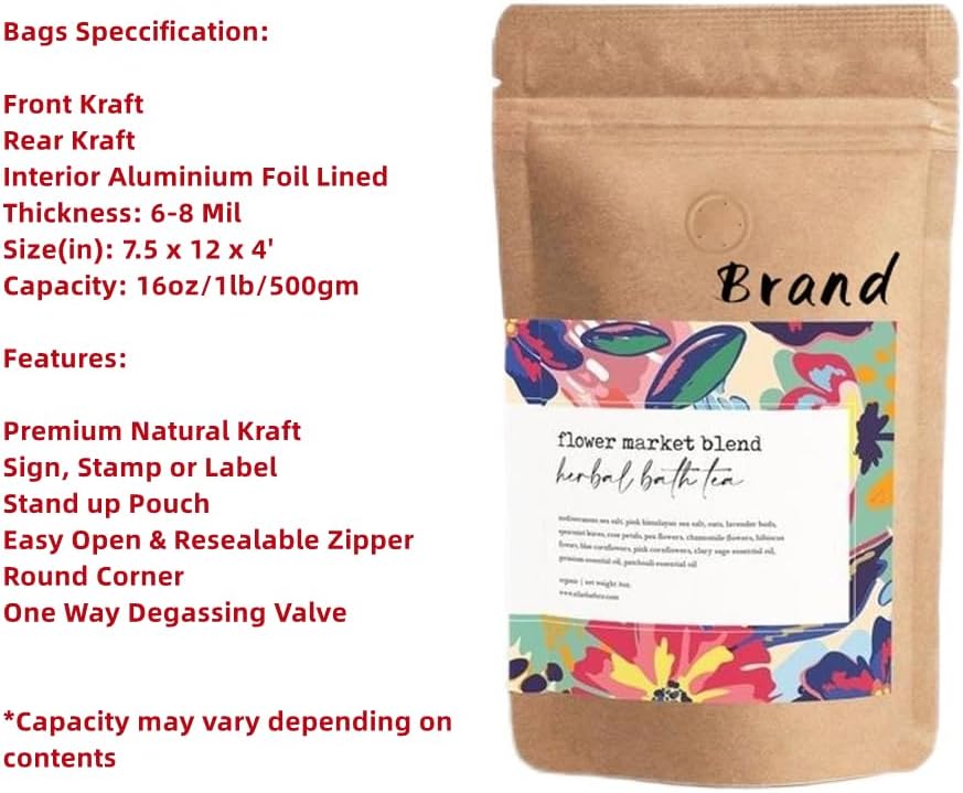 16 Ounce 50 Pieces Coffee Bags with Ziplock - High Barrier Natural Kraft Paper Stand up Coffee Pouches with Air Release/One Way Degassing Valve & Reusable Zipper (50, 16oz/1lb/500gm)