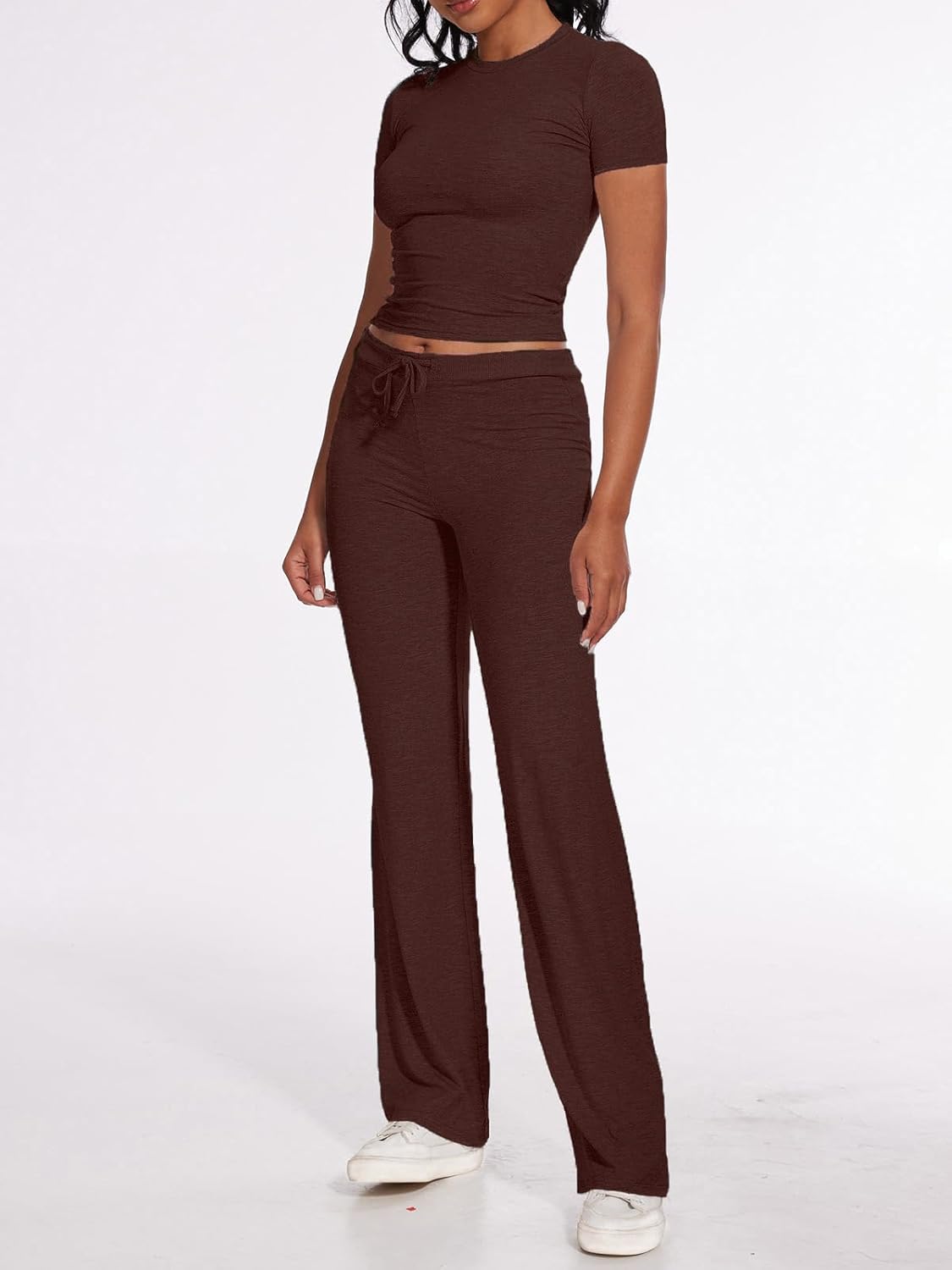 AnotherChill Women's 2 Piece Lounge Sets Straight Leg Pants Set Short Sleeve Crop T-shirt Casual Outfits Comfy Loungewear - Image 3