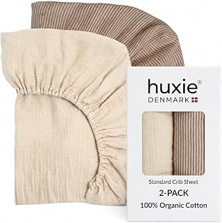 Crib Sheets, 100% Organic Cotton Muslin, 28"x52" Standard 2-Pack | GOTS-certified deep-pocket 360° elastic fit, fits full-size & toddler mattresses, gender-neutral (Fog/Stripe)