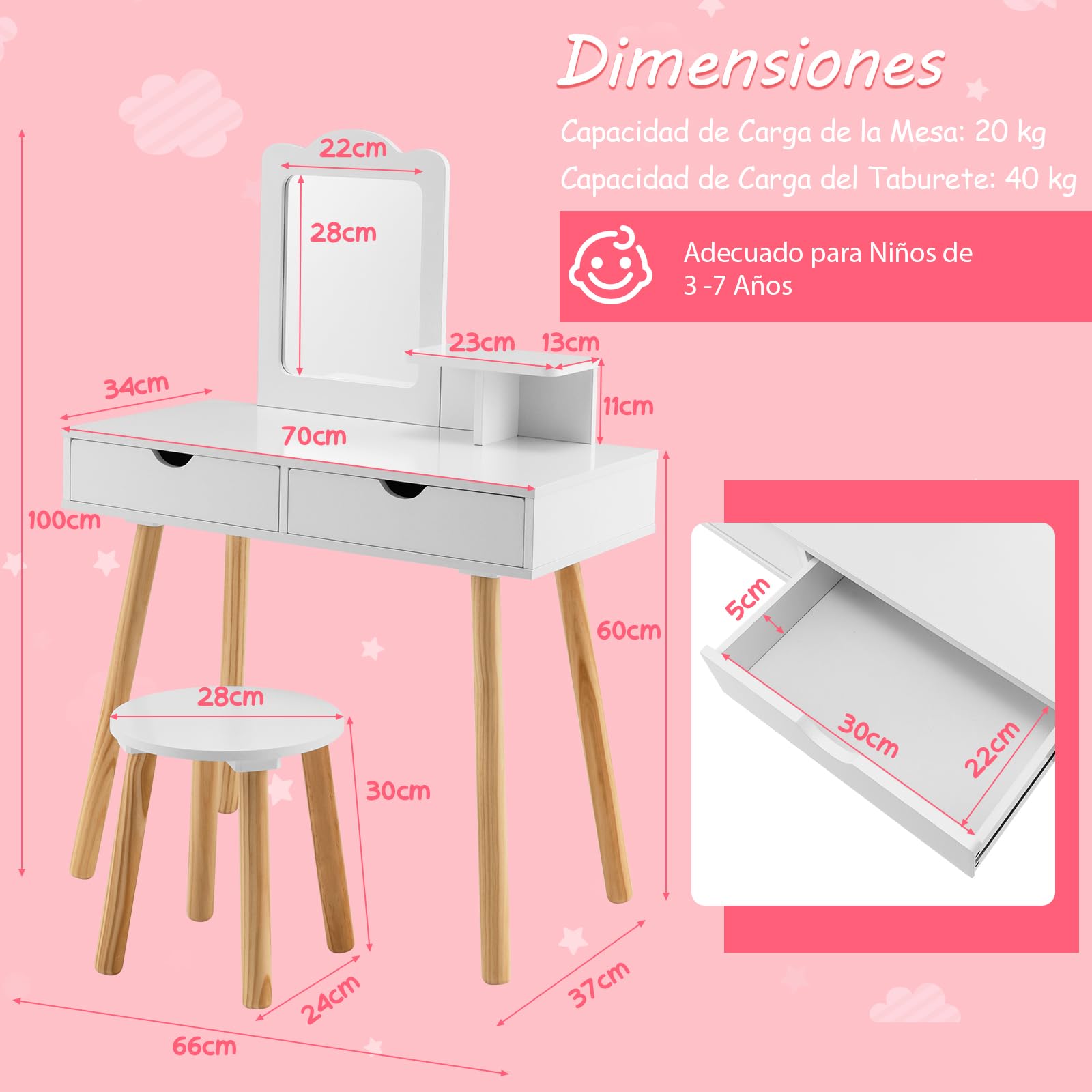 RELAX4LIFE 2 en 1 Tocador de Maquillaje para Niñas 3-7 Años con Taburete, Escritorio/Tocador Niña de MDF con Espejo Extraíble, 2 Cajones y 1 Estante, Mesa Niños Infantil, Carga 20+40kg (Blanco)