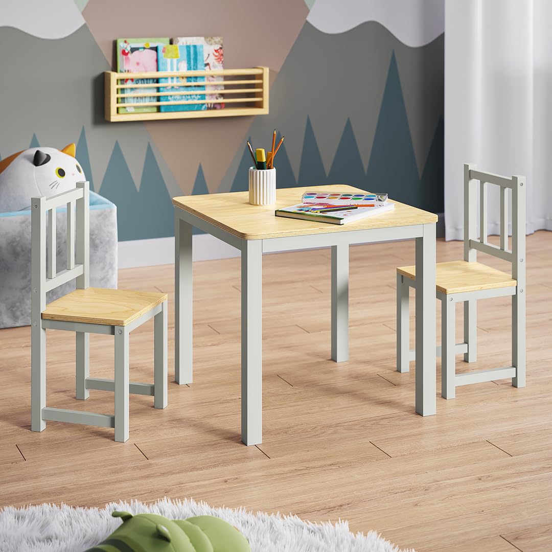 Bellabino Sora Kindersitzgruppe – Kindertisch mit 2 Stühlen aus Holz – Sitzgruppe Indoor Grau – Kinder Tisch Stuhl Set für Drinnen – Maltisch & Basteltisch ab 2 Jahren – Spieltisch für Kinderzimmer