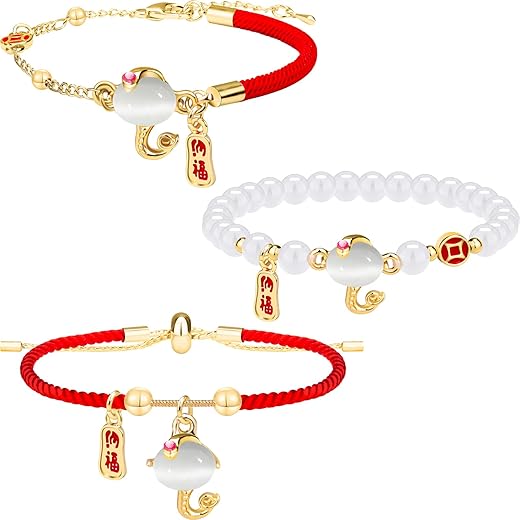 3 Pcs Chinese Lunar New Year 2025 Snake Fortune Bracelets, Adjustable Beaded Charm Red String Bracelets Charm Bracelet, Feng Shui Lucky Chinese Zodiac Animal Jewelry for Women Unisex Gift
