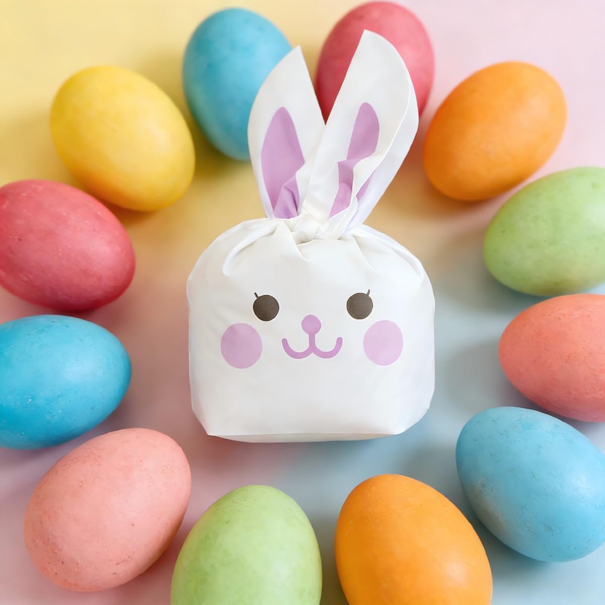 50 PCS Easter Treat Bags, Reusable Plastic Candy Gift Bags with Long Ears, Spring Party Favor Bags for Easter Egg Hunt, Basket Stuffers, Party Decoration, Holiday Gift Wrapping Supplies (Purple)