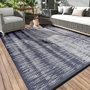MontVoo Outdoor Rug Waterproof 9x12 ft Outdoor Carpet Patio Rug Mat Reversible RV Camping Rugs Plastic Straw Outside Rugs for Balcony Porch Deck Picnic Beach Modern Navy Navy 9' x 12' (Recta