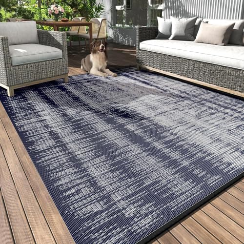 MontVoo Outdoor Rug Waterproof 5x8 ft Outdoor Carpet Patio Rug Mat Reversible RV Camping Rug Plastic Straw Outside Rug for Balcony Porch Deck Picnic Beach Modern Navy Navy 5' x 8' (Rectangul