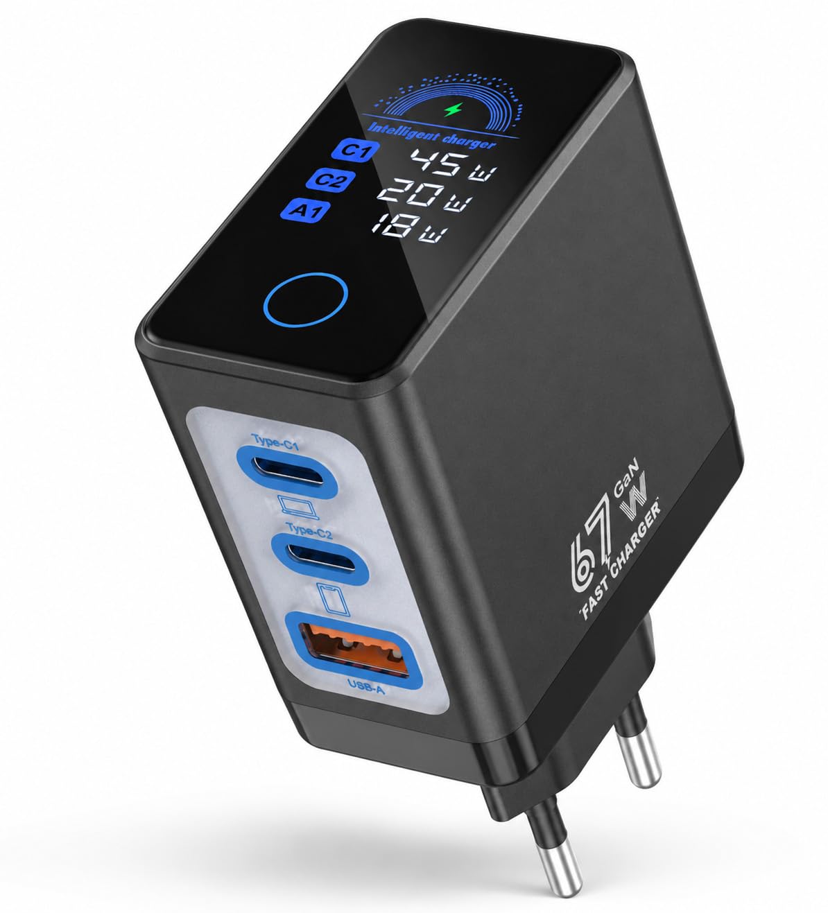 GaN - Caricatore USB C, 67 W, con display, caricatore rapido 3 in 1, USB C + USB A, indicatore intelligente di potenza, adattatore di ricarica rapida multiporta per MacBook Air/Pro, iPhone 17/16/15/14