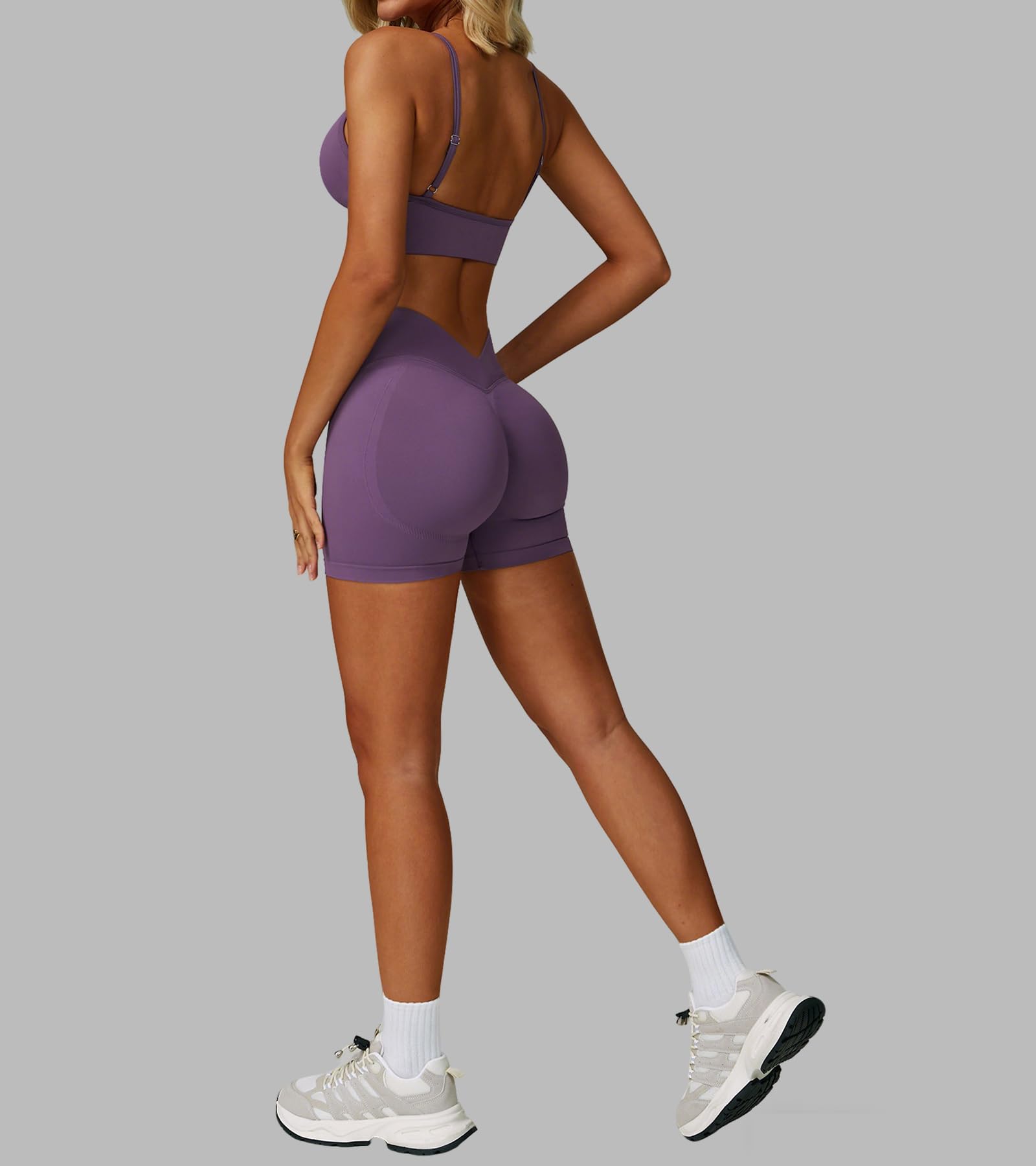 Sport Set Damen Gerippte GYM Set Sport Outfit Strappy Yoga Workout Fitness Set Bekleidung V-Ausschnitt Rückenfrei Sport BH Kombiniert Scrunch Yoga Shorts Nahtloses Sportkleidung Zweiteilige