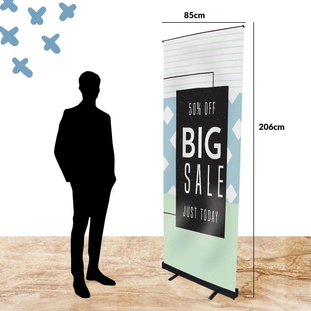 Roll up personalizado | Expositor publicitario enrollable con impresión incluida de 85x200 cm | Vinilo de polipropileno opaco con estructura en negro + funda de transporte