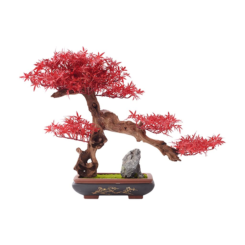 IUokLU Tree Fake Plant Artificial Bonsai Tree Chinese Ceramic Flower Pot Artificial Red Maple Leaf Artificial Moss Study Room Living Room and Office Potted Tree Artificial