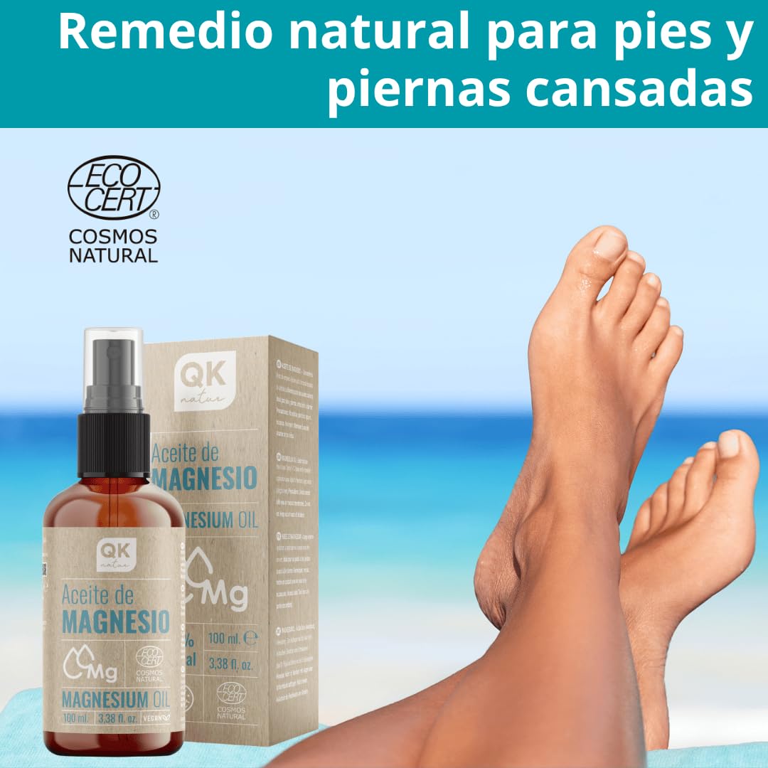 QKnatur - Aceite de magnesio Spray 100% Puro (100 ml) Botella de vídrio + dosificador spray - Para deportistas, articulaciones, relajación muscular, sueño, pies