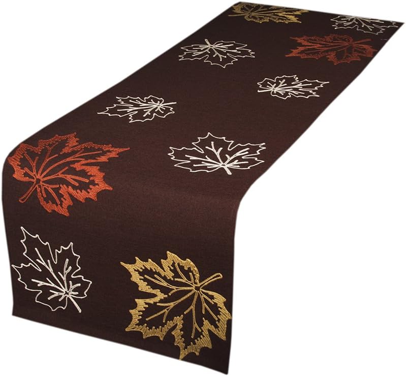 XD17143 Rustic Autumn Embroidered Fall Table Runner, 16 by 70-Inch, Coffee