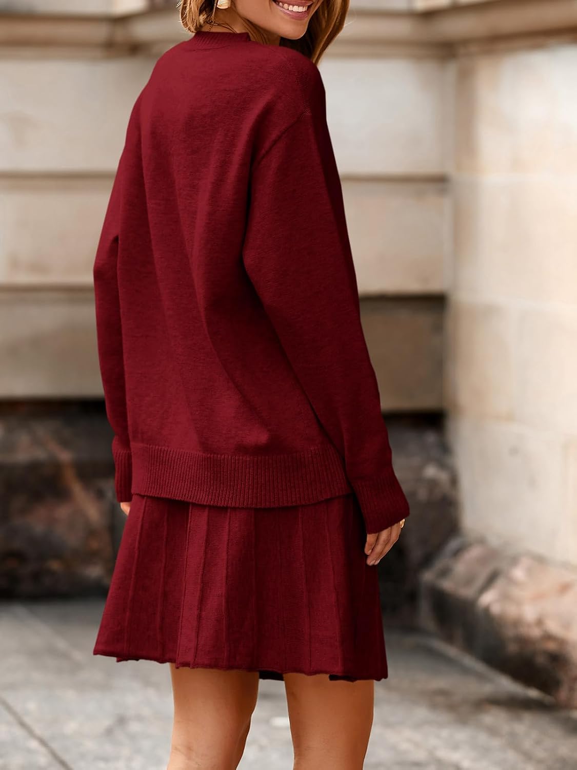 Womens 2 Piece Skirt Sets Pullover Sweaters Pleated Mini Skirt Fall Winter Knit Trendy Sweater Sets thumbnail