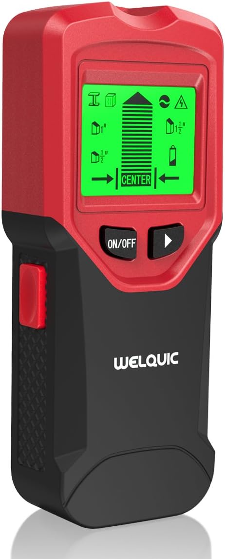 WELQUIC 3-in-1 Stud Finder Multifunctional Wall Scanner High Precision Detector with Auto Calibration, Backlit LCD Screen, Warning Indicators for Wall Studs/AC Wires/Wood & Metal, Black and Red