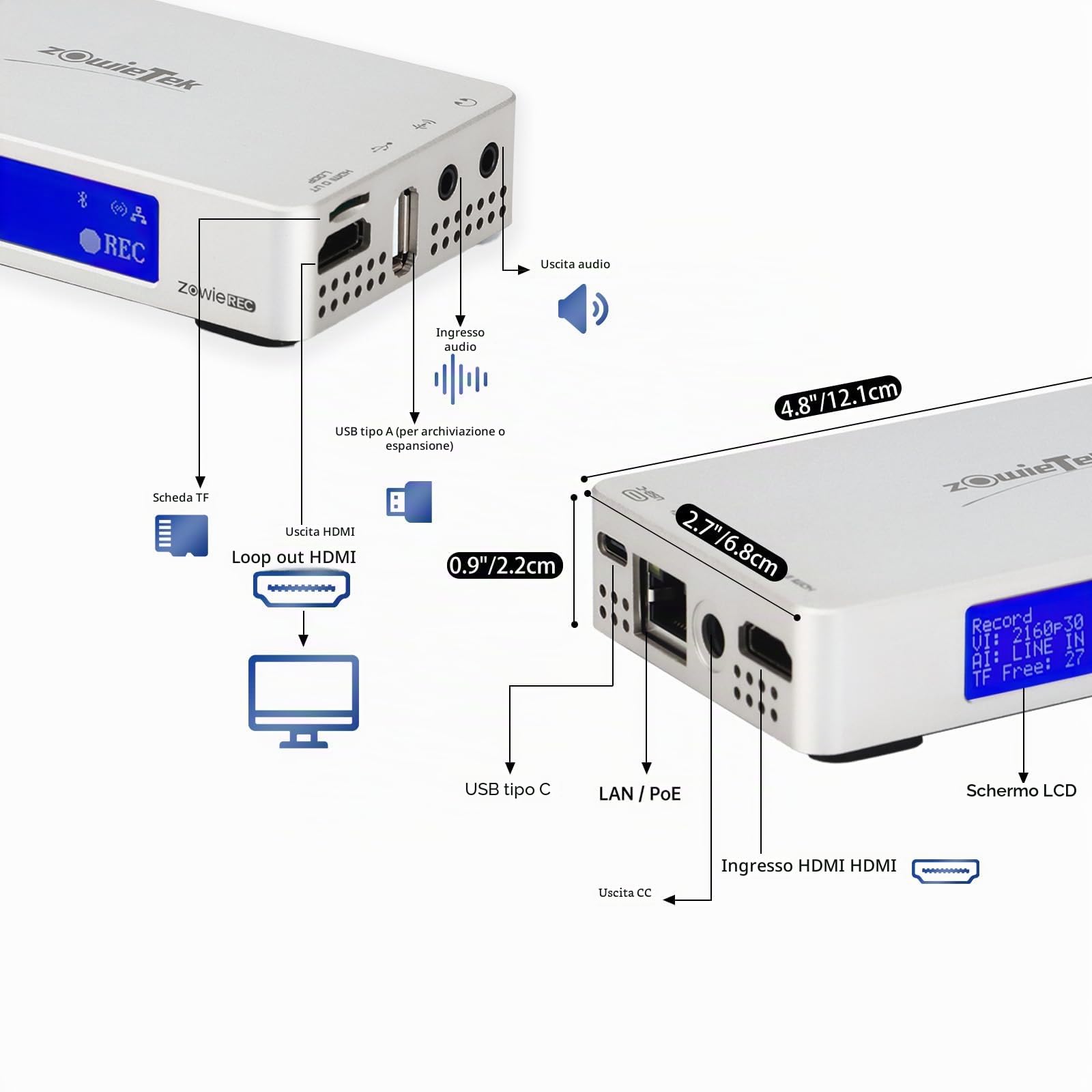 ZowieREC, registratore HDMI 4K, DVR, console di gioco, laptop, PC, riproduzione TV, registrazione programmata, istantanea, pausa riprendi, schede TF e USB