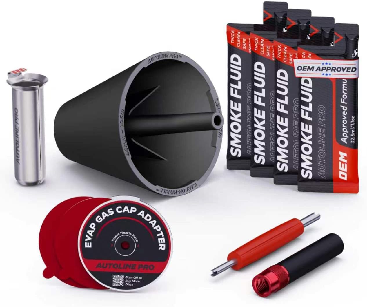 AutoLine Pro Automotive EVAP Smoke Machine Premium Accessories(4) - Universal Gas Cap Adapter | EVAP Service Port Adapter | XL Cone Adapter | OEM Approved Smoke Fluid (4 Packs)