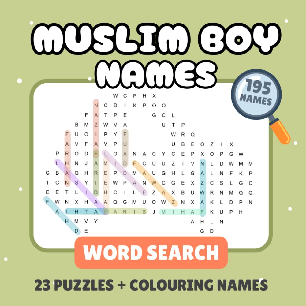 Muslim Boys Names - Word Search: Fun Puzzles with Coloring Pages - Word Search for Kids Ages 9 to 12 - Islamic Names for Muslim Babies