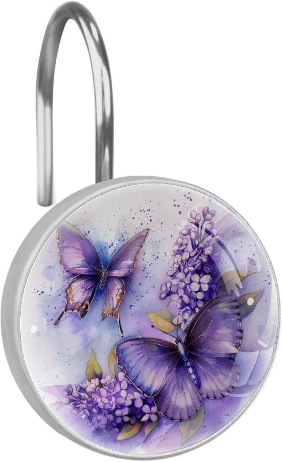 Watercolor Purple Lilac Butterflies Shower Curtain Hooks for Bathroom, Crystal Glass Stainless Steel Shower Hooks Rings, Rust Proof Shower Curtain Rings, 12 Pack