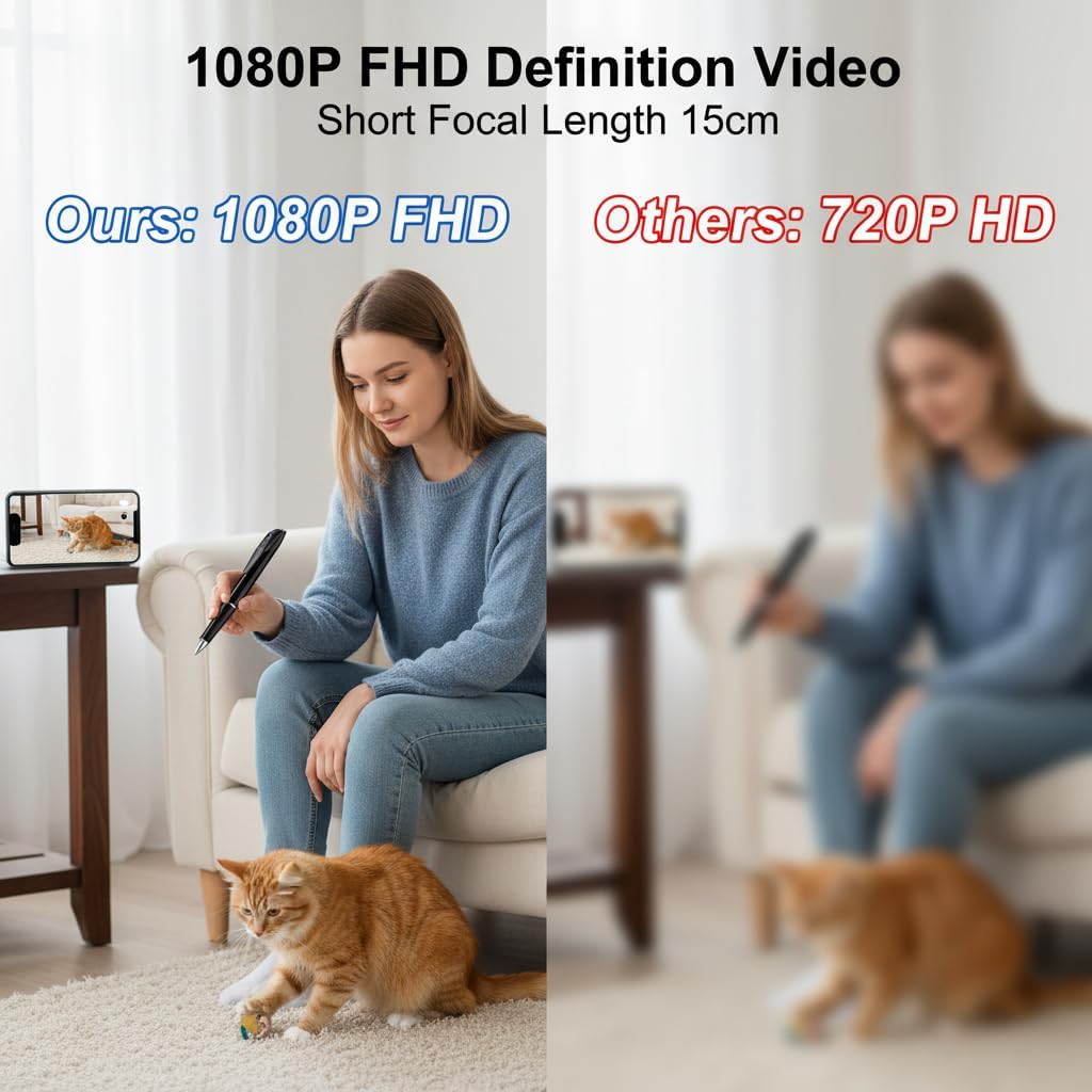 1080P FHD Camera Portable Pen Cam with 64GB Card, WiFi Pen Support Remote Viewing, 300mAh Battery, 15cm Short Focal Length Cameras, Quick Start & 100° Wide Angle-No Audio