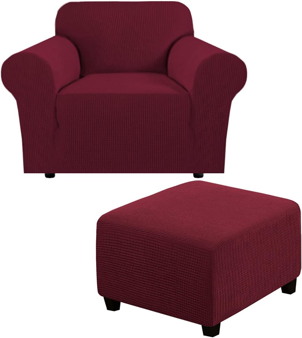 H.VERSAILTEX 1 Piece Sofa Cover for Armchair 32"-48" Bundle Square Ottoman Covers Ottoman Slipcovers (Burgundy Red)