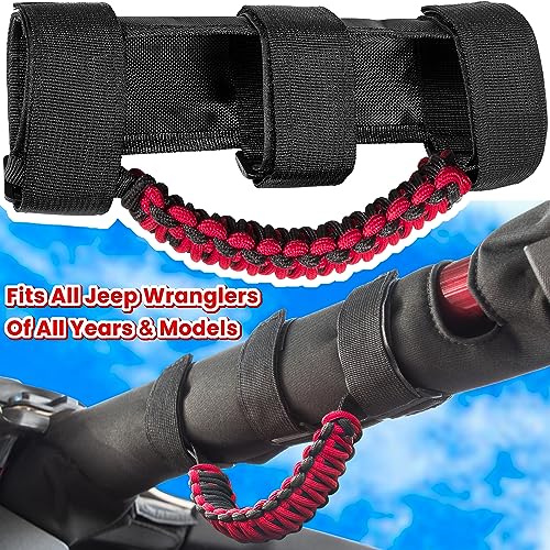 4 x Roll Bar Grab Handles Grip Handle for Jeep Wrangler JK JKU JL JLU TJ YJ Sports Sahara Freedom Rubicon Unlimited Gladiator JT 1955-2023 UTV ATV Premium 550 Paracord Interior Accessories (Red) by E-cowlboy - Image 2