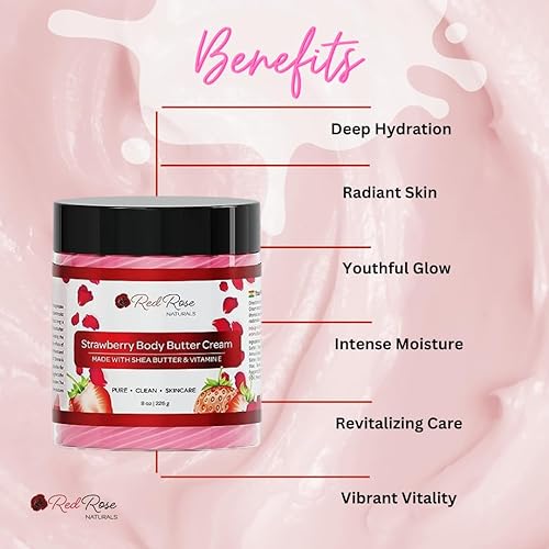 Miniatura 3 de Red Rose Naturals Crema de mantequilla corporal de fresa para piel sensible y seca, 8 onzas, no grasa, cremosa suave, hidratante, cuidado natural de