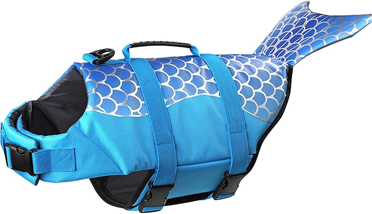 Izefia Dog Life Jacket Swimming Safety Coat Floatation Life Vest Life Saver with Handle Dog Life Jacket for Small Dog Puppy Large Dog Blue Mermaid S