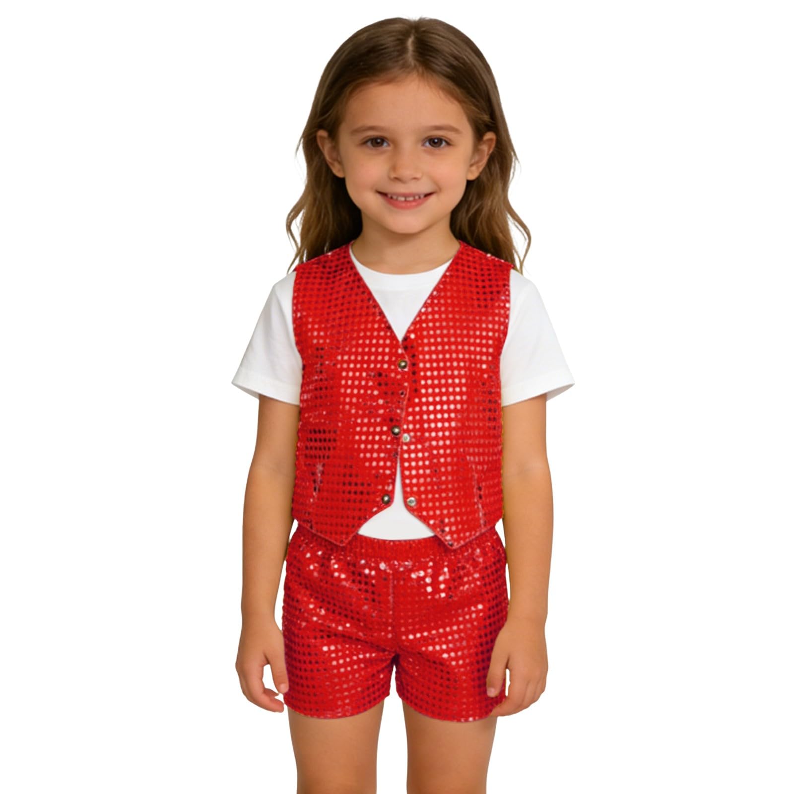 Traje de lentejuelas para niñas, sin mangas, con botones, cuello en V, chaleco brillante y pantalones cortos, para adolescentes y niñas, chaqueta casual de verano, chaleco para fiestas