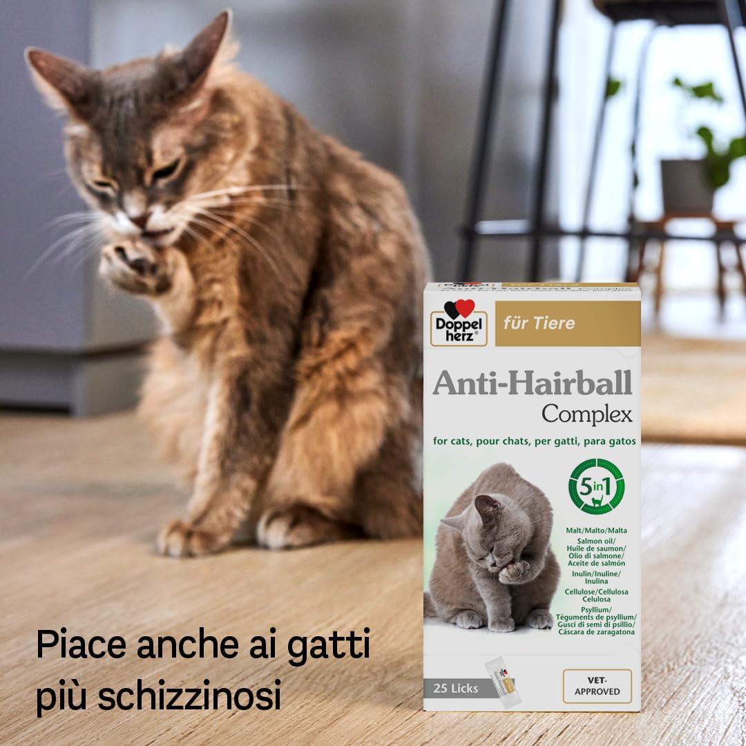 Doppelherz - Complesso Anti Hairball Doppelherz per gatti – Con fibre e oli di elevata qualità per favorire la digestione dei boli di pelo – 25 cremosi snack da leccare.